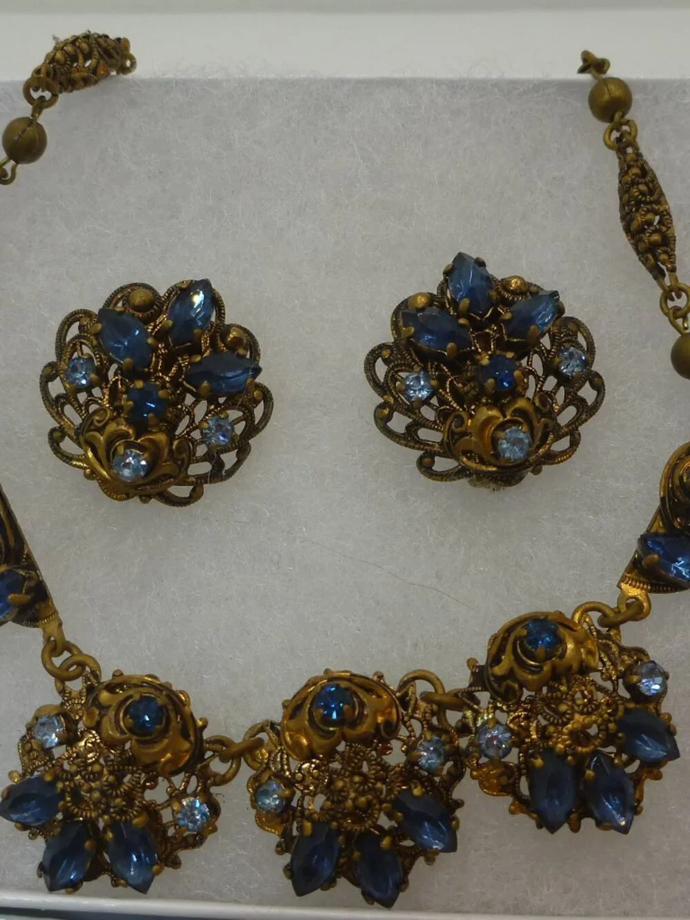 Vintage West Germany Blue Rhinestone Filigree Necklace & Earring Set Demi Parure